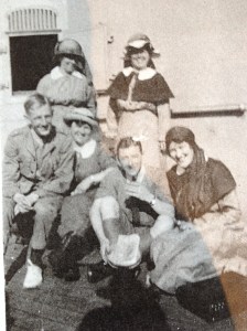 Nursing sisters on board Caronia at Durban 1917, en route for Egypt.   Back L-R Sr Briggs, Sr Esther Moore. Front L-R Unidentified male, Sr McGrath, unidentified male, Sr Gertrude Callow in front right.  Image courtesy Fiona Cester.