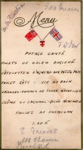 Menu for dinner in honour of Matron Greaves' award of the Royal Red Cross.   Reproduced courtesy  Greaves family. 