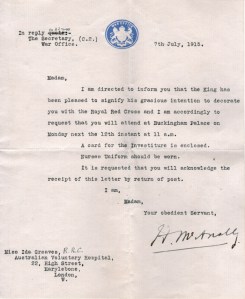 Invitation to attend presentation of the Royal Red Cross at Buckingham Palace.  Reproduced courtesy Greaves family.