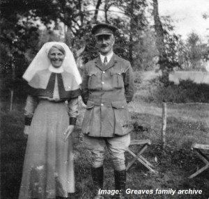 Matron Ida Greaves and an officer.  Note the ribbon of the Royal Red Cross on the left side of the cape.  This photo was taken after 1 July 1916 when the AVH had been absorbed into the Royal Army Medical Corps, as Ida is wearing the uniform of the British nursing service.  Photo courtesy Greaves family archive.  Click on image to enlarge.