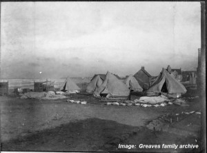 Tents after storm, Australian Voluntary Hospital, c1914-1915. Image courtesy Greaves family archive.  Click on image to enlarge.